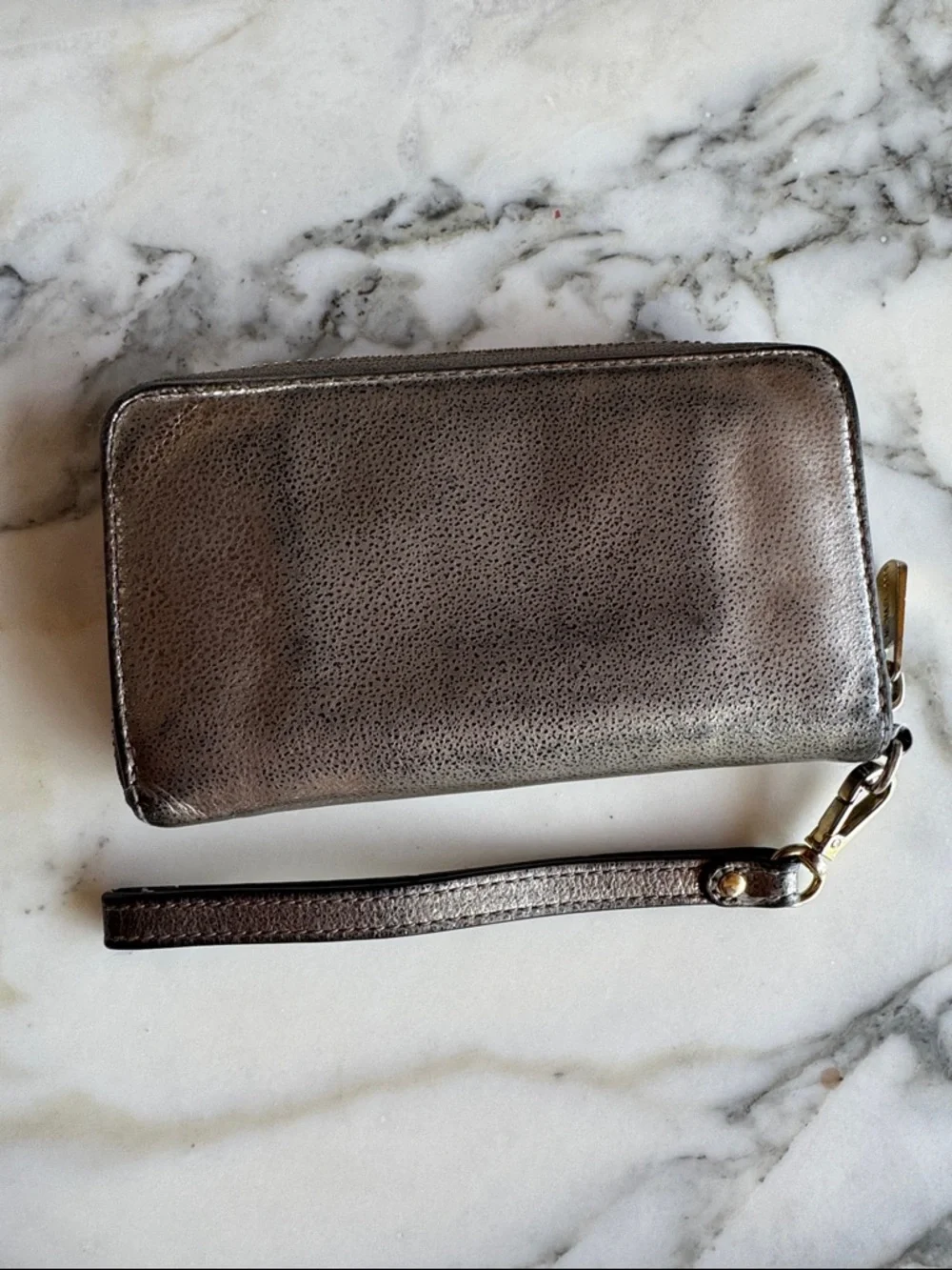 Michael Kors Metallic Pewter Leather Zip Around Wristlet Wallet Gold Hardware